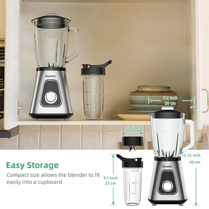 Powerful BioloMix 1300W Glass Blender – 1.5 L Jar & Personal Cup for Smoothies, Frozen Drinks and Sauces