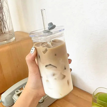 Square Heat Resistant Glass Cup with Lid and Straw – Transparent Coffee Milk Tea Juice Mug