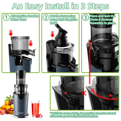 BioloMix Cold Press Juicer – 200W Slow Masticating Juice Extractor with 78mm Wide Feed Chute for Whole Fruits and Vegetables
