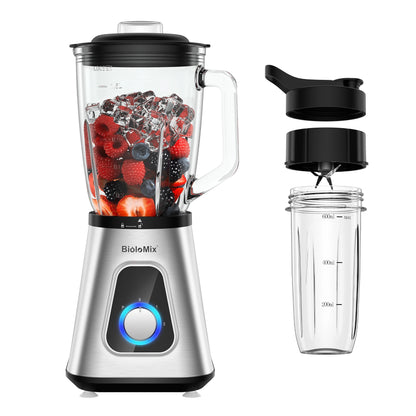 Powerful BioloMix 1300W Glass Blender – 1.5 L Jar & Personal Cup for Smoothies, Frozen Drinks and Sauces