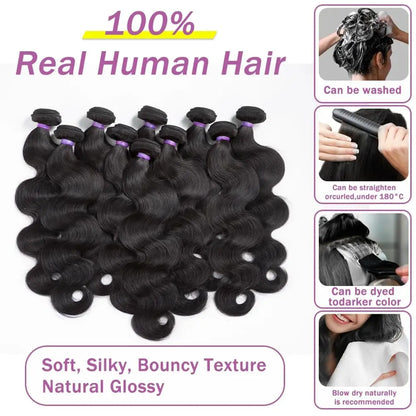 Brazilian Body Wave Human Hair Bundles with 4x4 Lace Closure – 3 Bundle Virgin Hair Set, Natural Black”