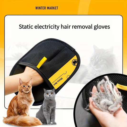 Upgraded Large Pet Hair Removal Gloves – Black Cat & Dog Grooming Mitts with Yellow Trim