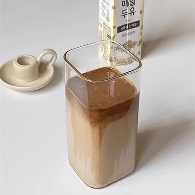 Square Heat Resistant Glass Cup with Lid and Straw – Transparent Coffee Milk Tea Juice Mug