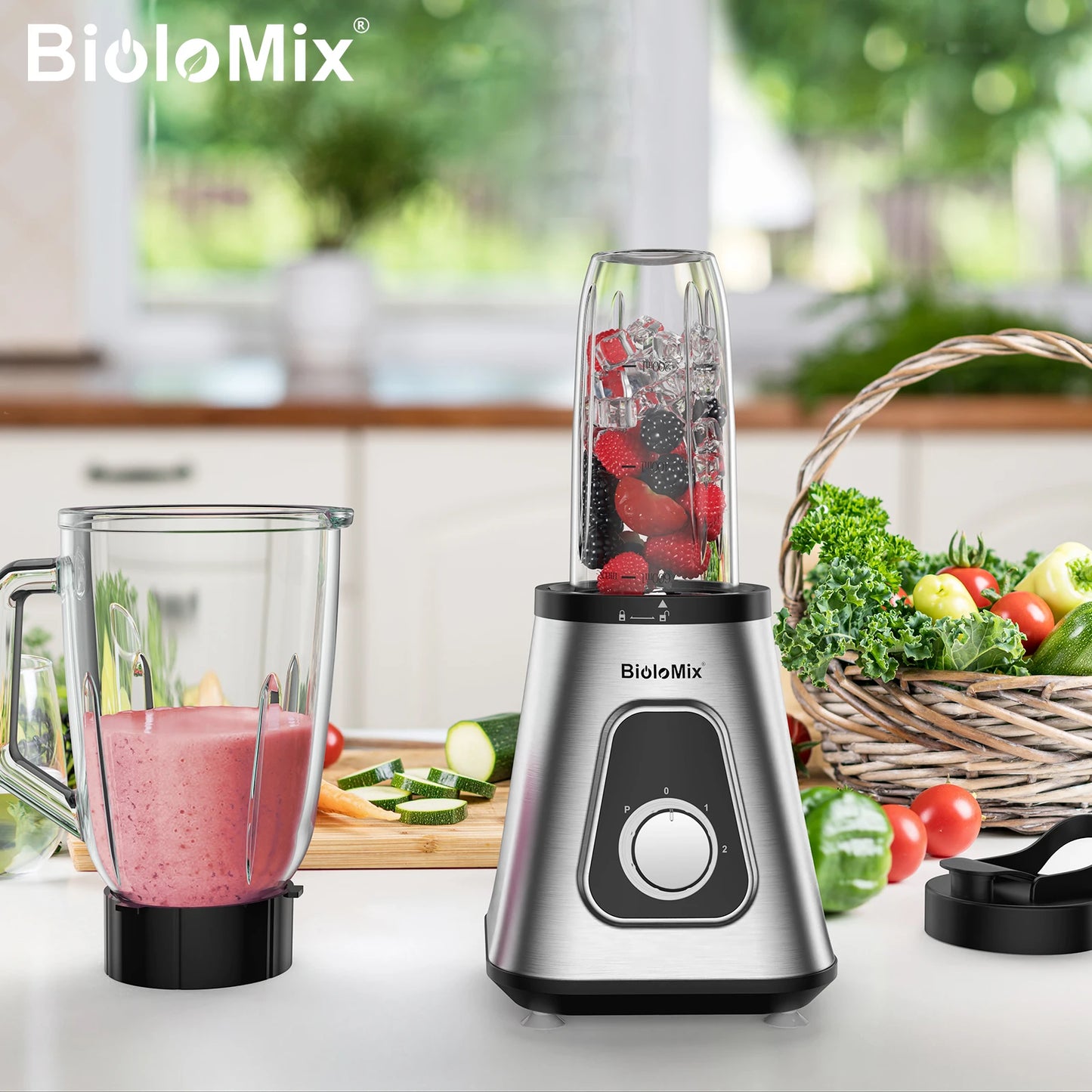 Powerful BioloMix 1300W Glass Blender – 1.5 L Jar & Personal Cup for Smoothies, Frozen Drinks and Sauces